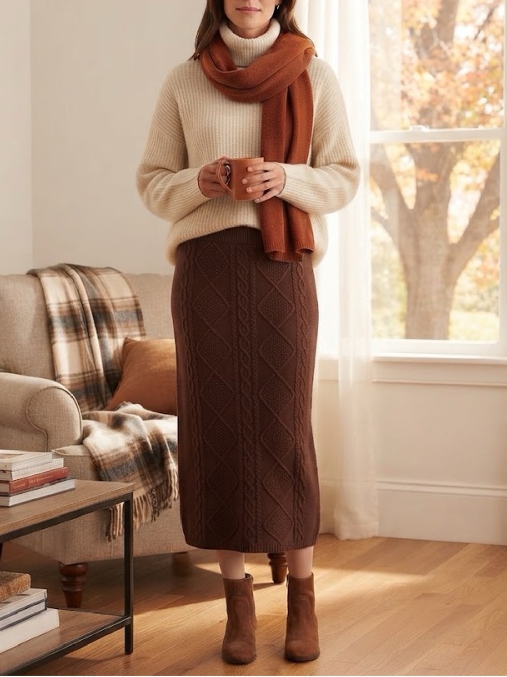 NEW Brown Cable Knit Stretchy Bodycon Midi Sweater Skirt
